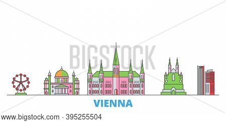Austria, Vienna City Line Cityscape, Flat Vector. Travel City Landmark, Oultine Illustration, Line W