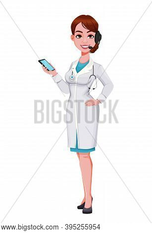 Stock Vector Cheerful Doctor Cartoon Character. Beautiful Young Woman Doctor Holding Smartphone. Vec