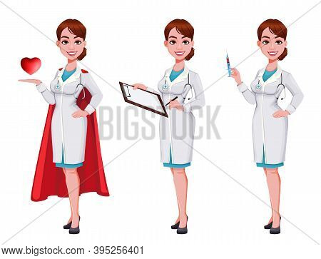 Stock Vector Cheerful Doctor Cartoon Character, Set Of Three Poses. Beautiful Young Woman Doctor. Ve
