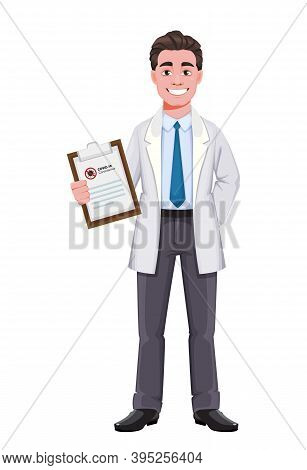 Stock Vector Cheerful Doctor Cartoon Character. Handsome Male Doctor. Vector Illustration