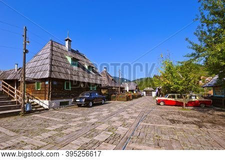DRVENGRAD, SERBIA - SEPTEMBER 03: Retro cars in traditional village Drvengrad Mecavnik on September 03, 2015 in Drvengrad, Serbia.