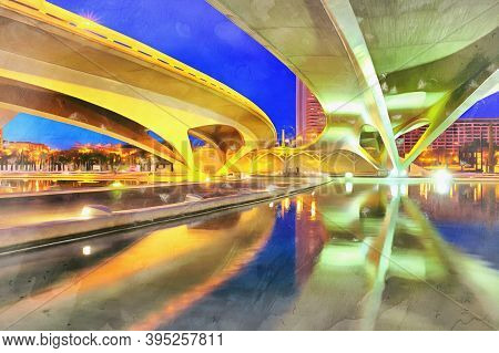 Beautiful Modern Architechture Night View Colorful Painting Looks Like Picture