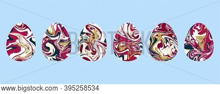 Marble Texture Eggs Set. Liquid Texture Happy Easter Symbol. Collection Painted Pink, Red, Blue Egg 