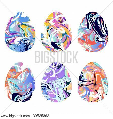 Marble Texture Eggs Set. Liquid Texture Happy Easter Symbol. Painted Pink, Red, Blue Gradient Egg Is