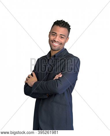 Handsome african-american guy wearing black suit standing on white background, isolated