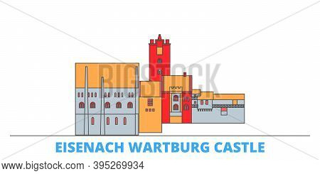 Germany, Eisenach Wartburg Castle Line Cityscape, Flat Vector. Travel City Landmark, Oultine Illustr