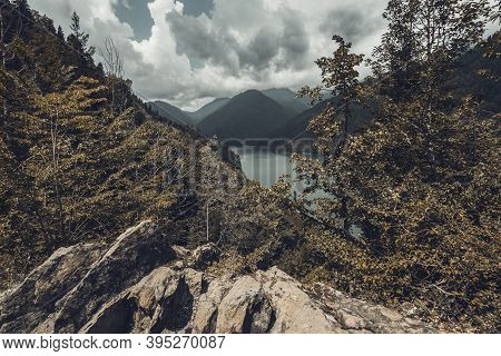 Beautiful Mountain Landscape With Clouds At Lake Ritsa