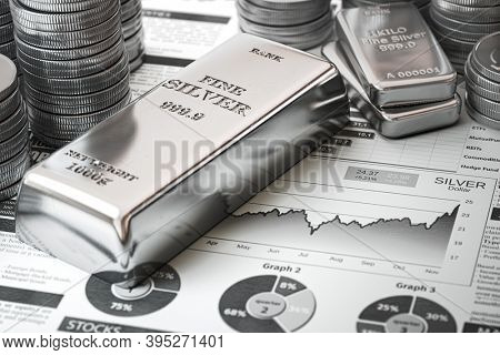 Silver bar, ingots and coins on financial  report. Growth of silver on stock market concept. 3d illustration