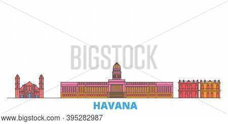 Cuba, Havana City Line Cityscape, Flat Vector. Travel City Landmark, Oultine Illustration, Line Worl