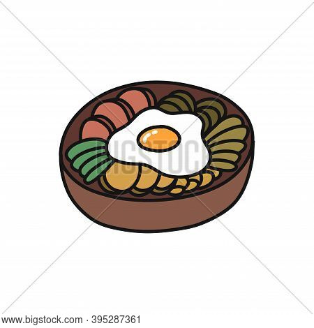 Bibimbap, Korean Dish Doodle Icon, Vector Color Illustration