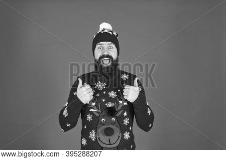 Shop Till You Drop. Festive Holiday Atmosphere. Portrait Of Happy Santa Man. Bearded Man In Hat Red 