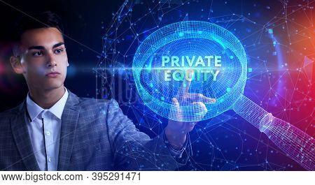 Business, Technology, Internet And Network Concept. Young Businessman Shows The Word On The Virtual 