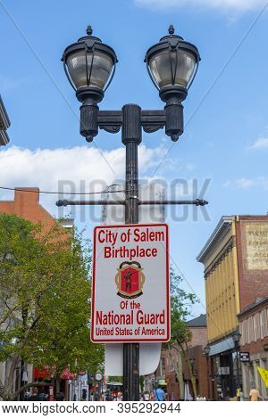Salem, Ma, Usa - Jul. 19, 2019: City Of Salem Birthplace Of The National Guard Sign On Essex Street 