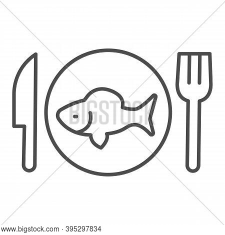 Fish In Plate With Fork And Knife Thin Line Icon, Seafood Concept, Menu Fish Restaurant Sign On Whit