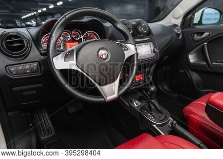 Novosibirsk, Russia - November 16, 2020: Alfa Romeo Mito, Cockpit Interior Cabin Details, Speedomete