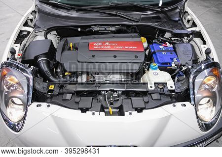 Novosibirsk, Russia - November 16, 2020: Alfa Romeo Mito, Under The Hood Of Car. Powerful Engine Clo