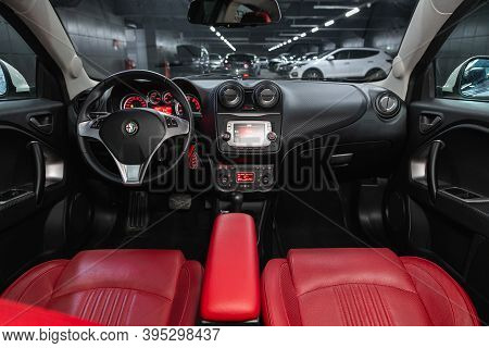 Novosibirsk, Russia - November 16, 2020: Alfa Romeo Mito, Luxurious Car Interior - Steering Wheel, S