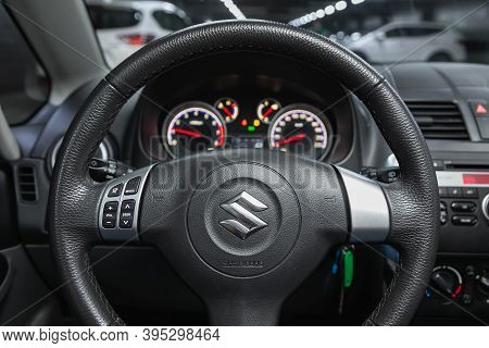 Novosibirsk, Russia - November 16, 2020: Suzuki X4,cockpit Interior Cabin Details, Speedometer And T