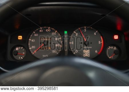 Novosibirsk, Russia - November 16, 2020: Nissan Terrano, New Car Interior Details. Speedometer, Tach