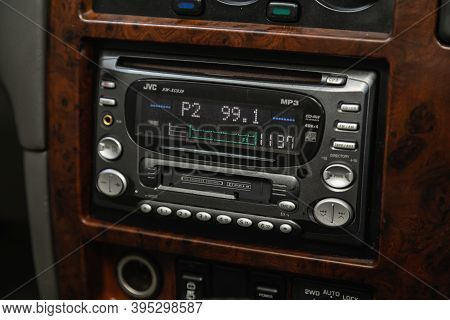 Novosibirsk, Russia - November 16, 2020: Nissan Terrano, Auto Interior, Car Stereo Audio System Fron