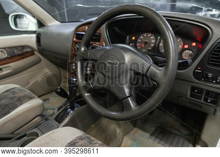 Novosibirsk, Russia - November 16, 2020: Nissan Terrano, Cockpit Interior Cabin Details, Speedometer