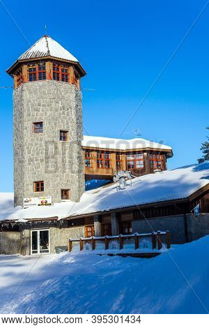 MARCH 6, 2017 - RANUA ZOO, LAPLAND, FINLAND. Frosty winter day. Entrance to the famous zoo. Tower and gift shop