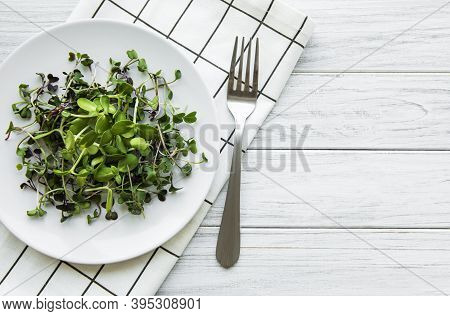 Micro Greens In A Plate On A White Background, Micro Green, Healthy Food Concept