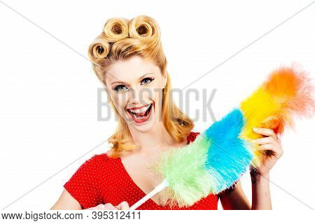 Sexy Girl Cleaning Retro Or Pinup Woman Isolated On White. Cleaning Lady With A Pipidaster In The Ha