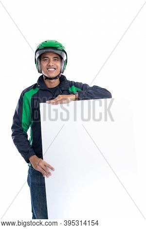 Man Courier Wear Uniform Holding Blank White Board