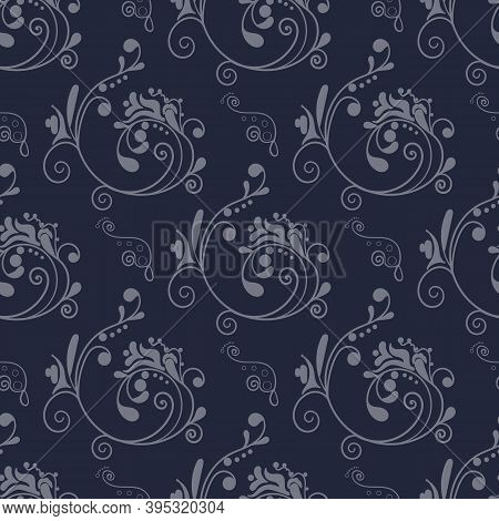 Seamless Background With Delicate White Lace Ornament. Guipure, Dark Blue Background, White Curls An