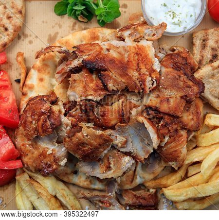 Gyros Grilled Meat Slices On A Pita Bread, Top View