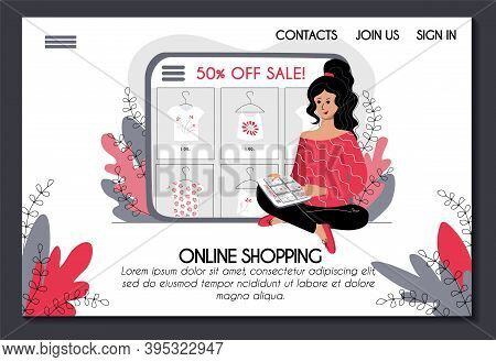 Online Shopping Website Template. Mobile Home Shopping Application. Young Woman Choosing And Buying 