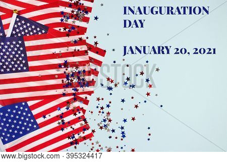 Creative Composition With Usa Flags On Bluel Background, Copyspace For Text. Inauguration Day 2021 C