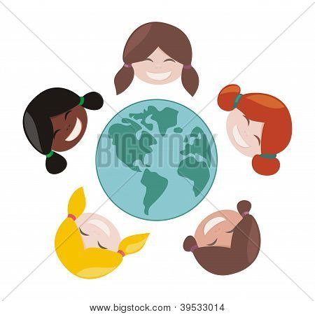 Glad, smilende multikulturelle piger gruppe omkring verden vektor illustration