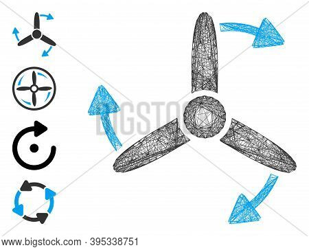 Vector Net Three Bladed Screw Rotation. Geometric Linear Carcass Flat Net Generated With Three Blade