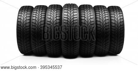 Front view of new vehcile tires isolated on white background