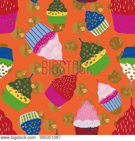 Colorful Cupcakes And Cadeaus On Dots Background