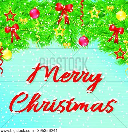Merry Christmas Card Vector Background Illustration Ornaments Fier Tree. Top View