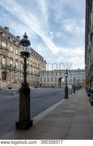 Copenhagen, Denmark - Oct 19, 2018: The Rigsdagsgarden Area. State Government Office (folketinget) B