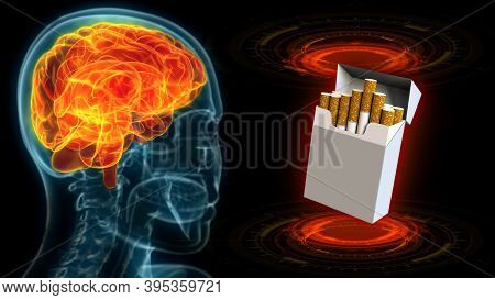 Roentgen Human Head Image With Highlighted Brain And Cigarette Pack - Risk To Brain Of Smoking Conce