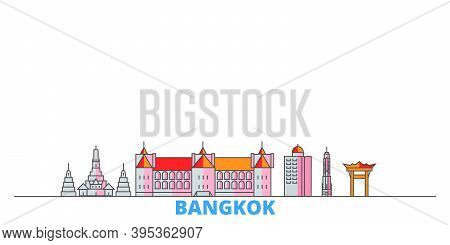 Thailand, Bangkok City Line Cityscape, Flat Vector. Travel City Landmark, Oultine Illustration, Line