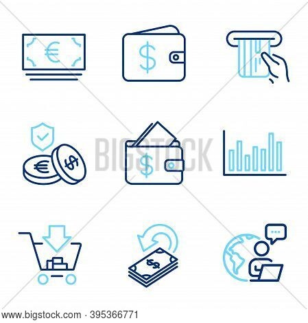 Finance Icons Set. Included Icon As Shopping, Credit Card, Dollar Wallet Signs. Bar Diagram, Savings