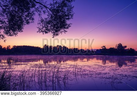 Magical Pink Purple Sunrise Over The Lake. Misty Morning, Rural Landscape, Wilderness, Mystical Feel