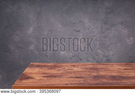 wooden plank board table and wall background, front low angle view