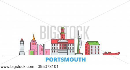 United Kingdom, Portsmouth Line Cityscape, Flat Vector. Travel City Landmark, Oultine Illustration, 