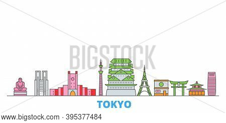 Japan, Tokyo Line Cityscape, Flat Vector. Travel City Landmark, Oultine Illustration, Line World Ico