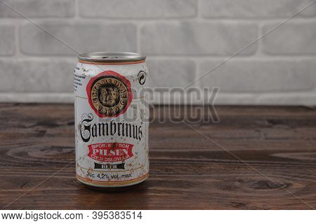 A Vintage Aluminium Can Of Gambrinus Czech Republic Beer Against The Brick Wall