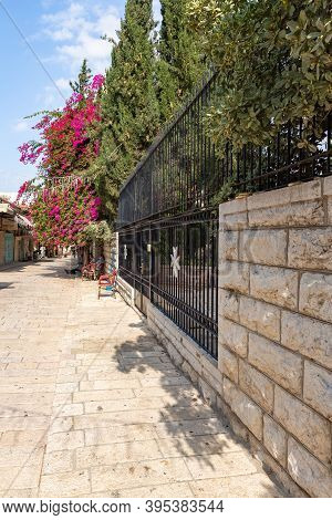Jerusalem, Israel, November 14, 2020 : Outer Wall With Metal Gates Of The Hospitallers On The Murist