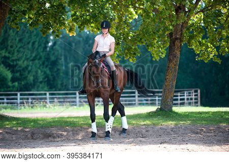 Teenage Girl Equestrian Riding Horseback On Arena At Sport Training Class. Vibrant Multicolored Outd
