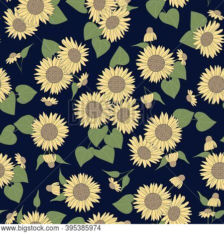 Vector Yellow Sunflowers Coneflowers With Green Leaves Arranged On Navy Blue Background Seamless Rep